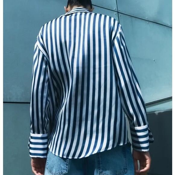 Zara Striped Print Long Sleeve Collared Button-Up Shirt Navy Blue White Medium - Picture 3 of 9